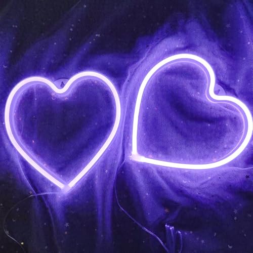 2 pièces coeur Violet Led Néon Veilleuse Signe lumineux décoratif saint valentin amour lampe pour chambre décoration murale alimenté par batterie néon...