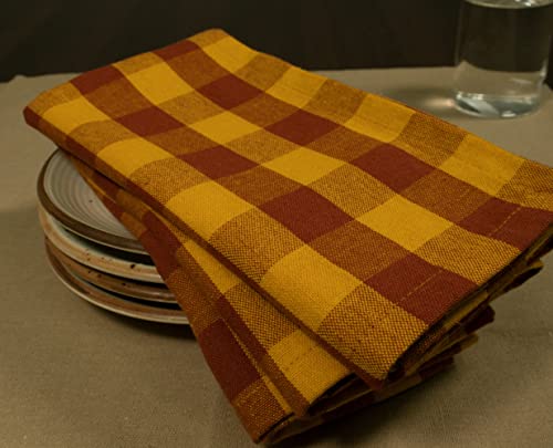 Purpleessences Cloth Dinner Napkins Buffalo Check Gingham Plaid -18 X18 Set Of 12-100% Cotton-Soft Durable - Harvest - Thanksgiving Perfect Everyday Use Table Linen- Honey Gold/Rust #TOP4