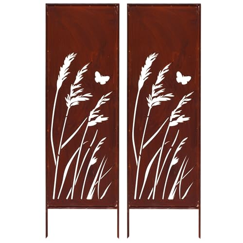 2x Sichtschutz Metall 160 cm x 50 cm – Edelrost Rostoptik für Garten – Elegante Sichtschutzwand aus Cortenstahl – Wetterfester Gartenschutz Zaun – Natürliche Rostpatina mit Schmetterling & Gras