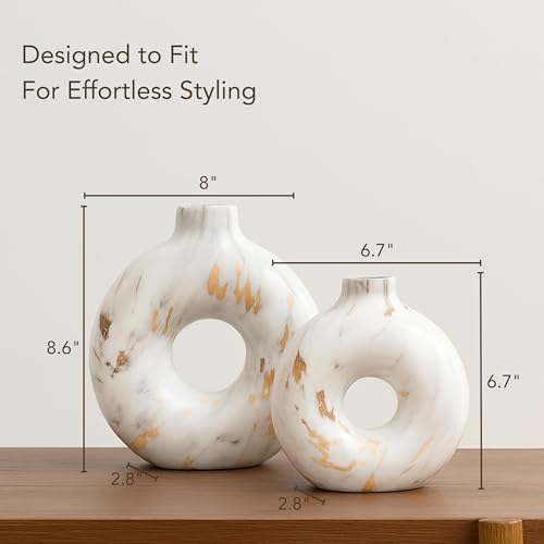 Modern Ceramic Donut Vase Set of 2 - Boho Design White and Gold Marble Pattern Vases for Flowers and Pampas - Elegant Home Decor Centerpieces for Coffee Tables - Entryways - Dining and Living Rooms - Image 3