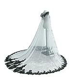 Ivory Hooded Veil with Black Lace Hooded Wedding Veil Floral Lace Cape Veil Long Bride Cloak with Sequins Cathedral Long Lace Cape Veil (230cm, white)