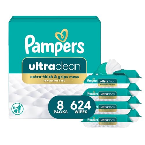 Pampers Ultraclean Baby Wipes, Unscented, Fragrance Free, Water Based, Hypoallergenic, Extra Thick & Grips Mess, 100% Plant Based, 624 Wipes Total (8X Flip-Top Packs) - image 1
