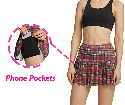 Women Pleated Tennis Skirt with Pocket Plaid Skirts Soft Girl Aesthetic Clothes Grid Red M