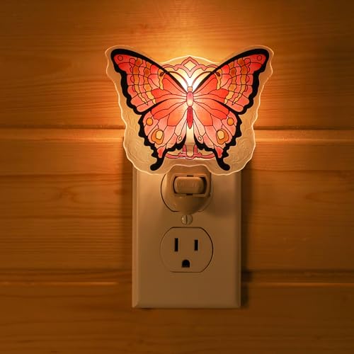 Image of Pink Butterfly Night Light Plug into Wall - Made with Real Glass, Stained Glass Styled Nightlight for Hallway, Nursery, Bedroom, Bathroom, Kitchen, Stairway - Nature Inspired Accent Home Decor