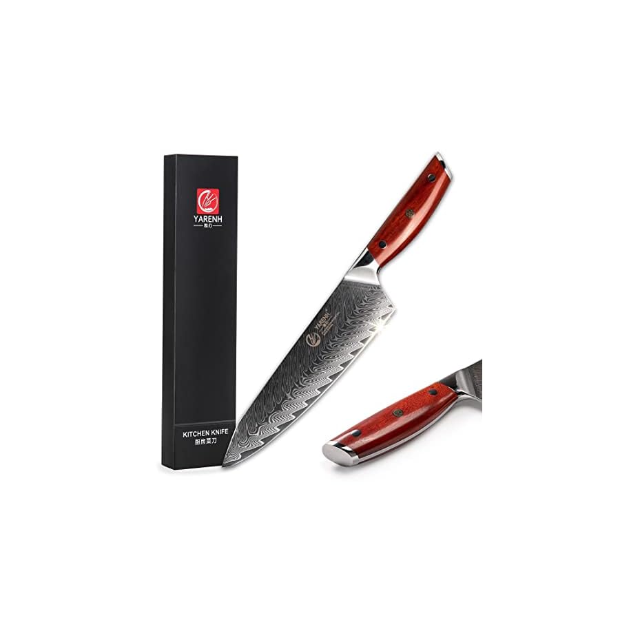YARENH-Chef-Knife-8-inch-Gyutou-Professional-Kitchen-Knife-Sharp-Damascus-Stainless-Steel-Blade-67-Layers-High-CarbonFull-TangAfrican-Sandalwood-HandleGift-Box-Packaging-KTF-Series YARENH Chef Knife, 8 inch Gyutou Professional Kitchen Knife, Sharp Damascus Stainless Steel Blade, 67 Layers, High Carbon,Full Tang,African Sandalwood Handle,Gift Box Packaging, KTF Series
