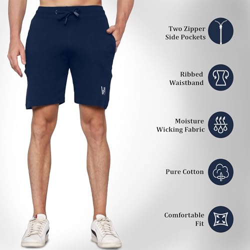 Image of NeoFlex Men's Regular Fit Cotton Shorts with Zipper Pocket - Comfortable Rich Solid Design, Essential Men's Shorts (Midnight Blue, L)