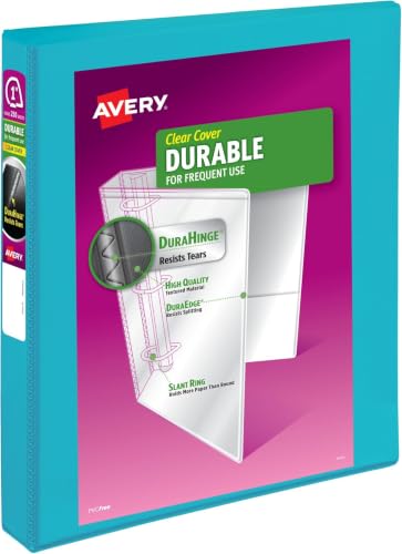Image of Avery Durable View 3 Ring Binder, 1 Inch Slant Rings, 250-Sheet Capacity, DuraHinge, 1.4 Inch Wide Spine, Customizable Clear Covers and Spine, 1 Bright Aqua Blue Binder (17295) (Pack of 6)