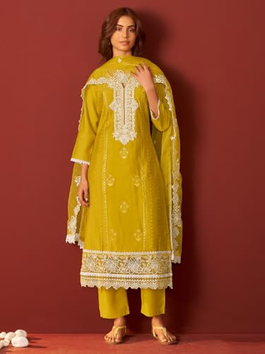 Image of INDO ERA Women's Silk Blend Ethnic Motifs Embroidered Straight Kurta & Pant with Dupatta Set (RRSTR10158)