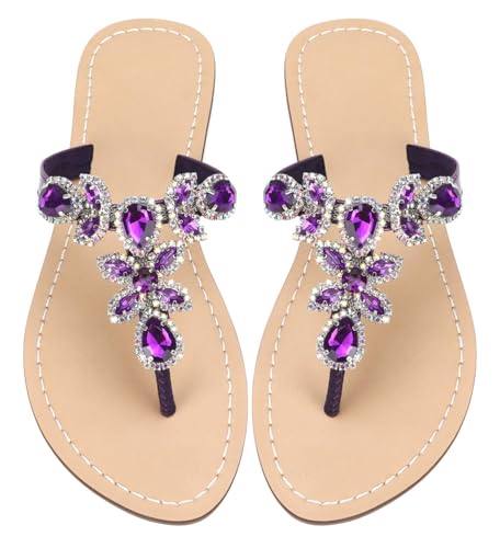 Image of Rhinestone Sandals for Women - Sparkly Jeweled Bling Thong Flip Flops, Dressy Gemstone Flat Sandals for Wedding, Party, Beach & Summer Outfits