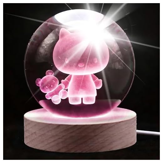 Moodlamp 8CM Cat 3D Kristallkugel Lampe mit Holzsockel, 16 Farben Dimmbare LED-Kristallkugel Lampe mit Fernbedienung, Figuren Nachtlicht Dekoration, Geburtstagsgeschenk für Jungen Und Mädchen