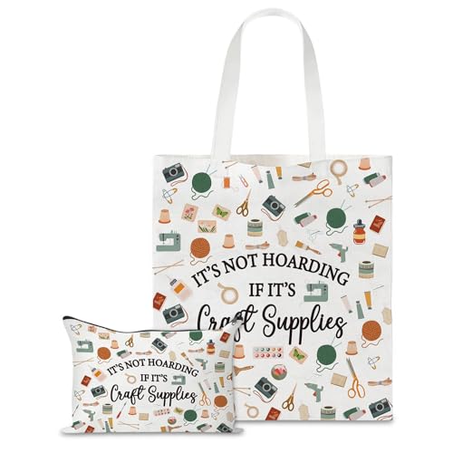 2Pcs Crochet Gifts for Crochet Lovers Tote Bag and Makeup Bag Gift Set Craft Gifts for Women with Canvas Style for Daily Use Sewing Gifts Cosmetic Bag for Ladies and Travel