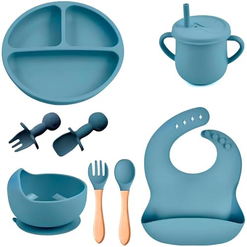 Kit Introducao Alimentar Bebe 8 Pecas Prato de Silicone (Azul)