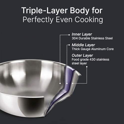 Image of AGARO Regency 28 cm Triply Stainless Steel Kadai with Lid, 4L, Induction & Gas Compatible, Even Heat, Non-Toxic, no Chemical Coating, Dishwasher Safe cookware for Kitchen, Ideal for Frying & Gravy