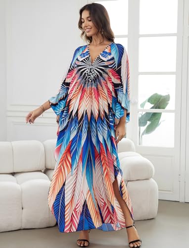 Image of KECVOT Kaftan Dresses for Women Plus Size Batwing Sleeve Caftans Long Bathing Suit Cover Up Maxi Beach Dress Loungewear