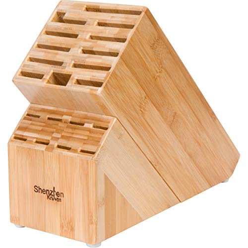 20 Slot Universal Knife Block: Shenzhen Knives X-Large Bamboo Wood Knife Block without Knives - Countertop Butcher Block Knife Holder and Organizer with Wide Slots for Easy Kitchen Knife Storage