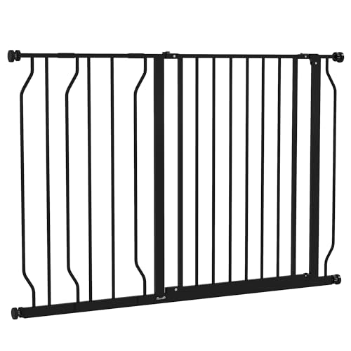 PawHut Barrera de Seguridad Extensible Barrera para Mascotas con 2 Extensiones Montaje a Presión Doble Bloqueo para Puerta Pasillo Escalera 75-115x76 cm Negro