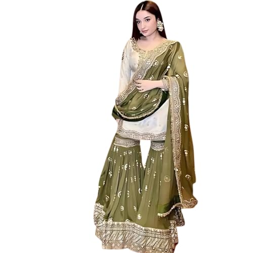 Image of Shishkala Women's Off-White Embroidered Kurta with Green Sharara & Dupatta Set - 3 /4 Sleeve, Round Neck, Above Knee Length | Party | Wedding