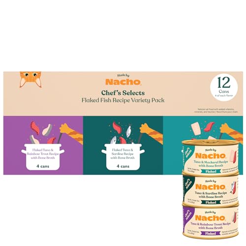 Made by Nacho Flaked Filets Recipe in Bone Broth, Grain-Free Chef's Selects Wet Food for Cats Balanced Diet in Naturally Hydrating Pumpkin-Infused Broth (3.0 oz (Pack of 12), Flaked Fish Variety Pack)