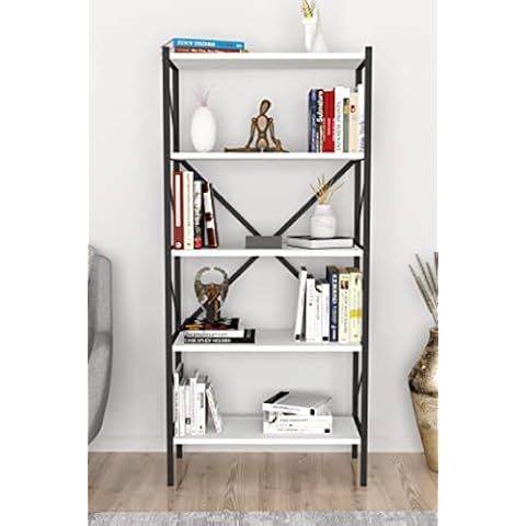 HomeHQ 5-Tier Open Shelf Bookcase, Decorative Bookshelf with 5 Shelves (H 160cm x W 66cm x D 34cm) (White) Cover
