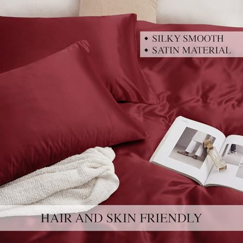 Image of Homestan Satin Bedsheet for King Size Bed with 2 Pillow Covers, Modern Bed Sheet for Romantic Nights(100x108 inches, Crimson Red)