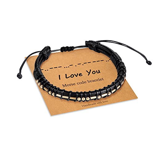 Mens Bracelet Gifts for Him, Black Leather Bracelets for Mens Gifts I Love You Morse Code Bracelets for Mens Jewelry Unique Birthday Christmas Anniversary Valentine's Day Gifts for Boyfriend Husband