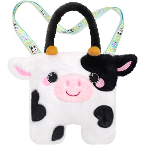 CatchCute Cow Plush Bag Crossbody Bag for Kids, Plush Handbag Tote Bag with Adjustable Strap,Soft Plush Cow Stuffed Purse with Zipper,Coin Pouch Accessories for Toddlers Kids
