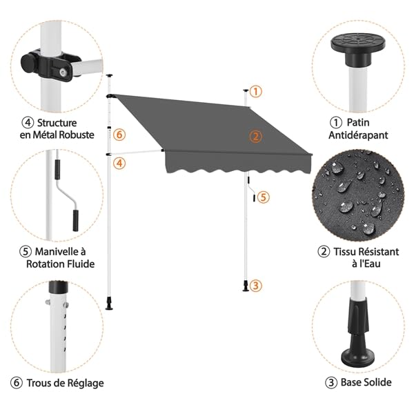 Banne rétractable gris Yaheetech avec finitions soignées de 200 cm