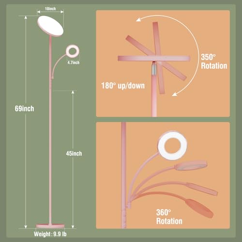 Image of marctronic Pink Floor Lamp, 42W 4000LM Super Bright LED Room Lamp with Adjustable Reading Light,Dimmable Modern Standing Lamp with Remote & Touch Control for Room Bedroom Office Floor Light