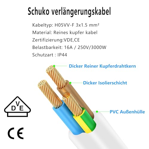 Cable alargador Schuko corto de 0,5 metros con cable blanco de 3x1,5 mm² para el hogar 3