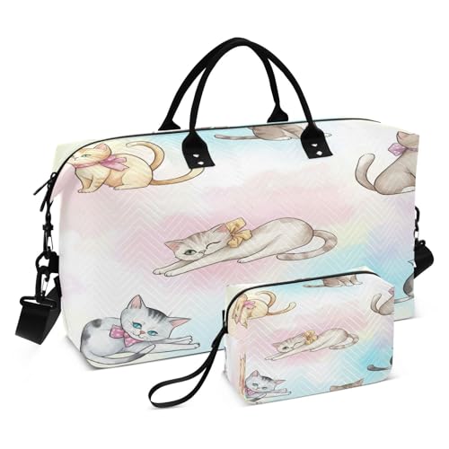 Large Foldable Travel Duffel Bag, Waterproof Gym Bag for Men & Women, Carry-On Luggage Weekender Overnight Bag, Bow Cat Watercolor