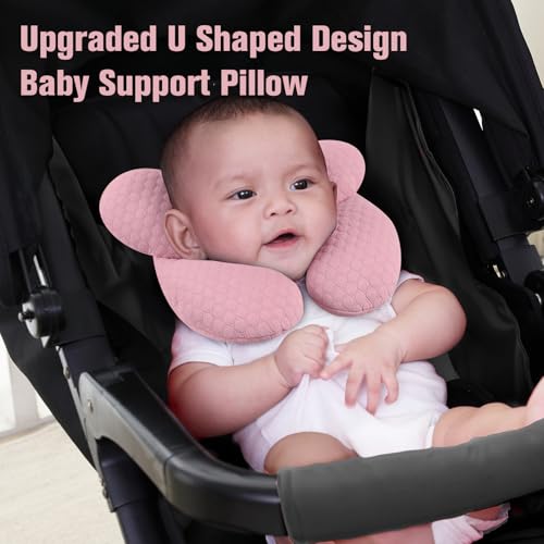 Image of KAKIBLIN Baby Travel Pillow, Upgraded Baby Neck Pillows for Car Seat, Infant Neck Support Pillow for Head and Neck,Newborn Head Support for Car Seat, Stroller, Pushchair(Pink)