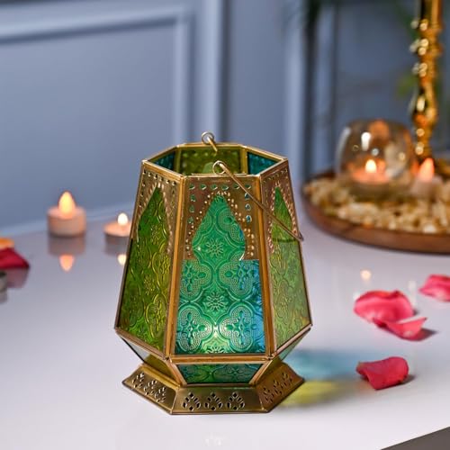 Image of MARKET 99 Metal + Glass Hexagon Tea Light Candle Holders | Multicolor Votive Holders for Diwali, Christmas, Weddings & Birthdays | Decorative T-Light Stand for Home Decor, Festive Lighting & Gifting