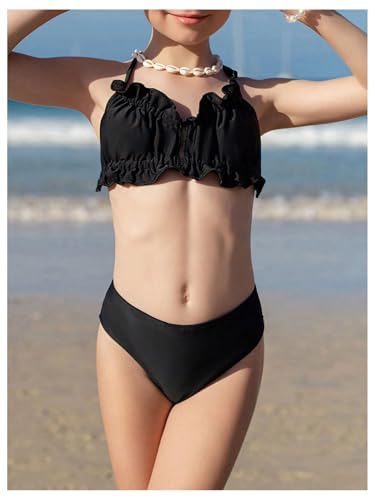 MakeMeChic Girl's 3 Piece Bikini Sets Halter Backless Ruffle Swimsuit with Mesh Sheer Cover Up Pants4