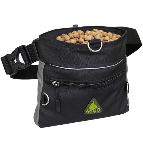 ASCO Leckerlitasche für Hunde - Leckerlibeutel mit Einhand-Schnappverschluss - Futterbeutel Hunde 20 x 20 cm - Hundetraining Bauchtasche mit viel Platz, Bauchgurt und waschbarer Innentasche, schwarz
