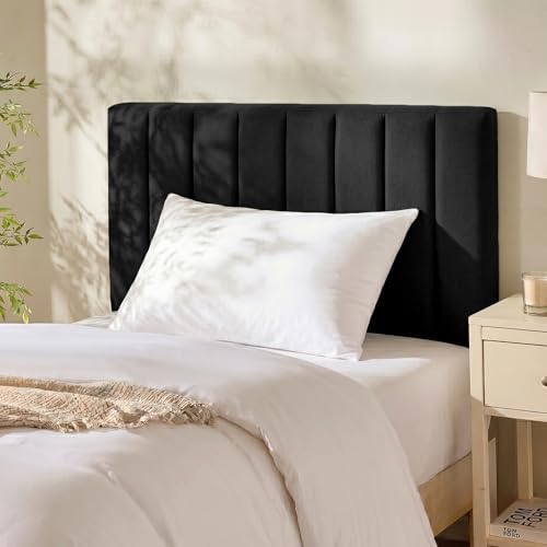 Image of Hearth & Harbor Wall Mounted Twin Headboard Only, Bed Headboard Twin Size | Easy Assemble, Floating Peel and Stick, Upholstered, Channel Stitched, 3D Wall Panels, 5 Strips of 3M Tape Included, Black