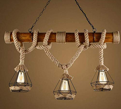 Suspension métal réglable 3 lampes rétro et corde de chanvre vintage