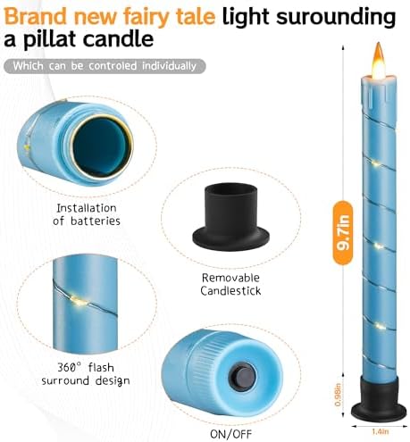 Da by 3 Pcs Flickering Flameless Battery Operated Taper Candle-Window Candles with Remote and Time-LED 3D Dynamic Flame-9.6 Inches for Wedding, Party,Home Decoration-Blue