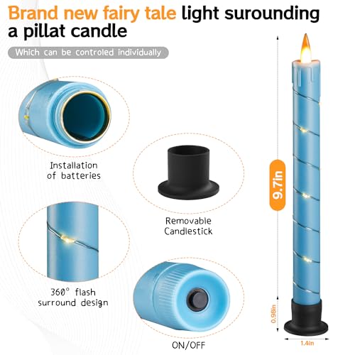 Da by 3 Pcs Flickering Flameless Battery Operated Taper Candle-Window Candles with Remote and Time-LED 3D Dynamic Flame-9.6 Inches for Wedding, Party,Home Decoration-Blue