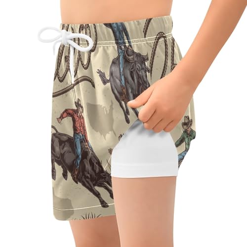 Boy Swim Trunks with Compression Liner Size 7 Retro Rodeo Bulls Kids Swim Shorts Quick Dry Wild Cowboy Bathing Suit with Boxer Brief Liner2