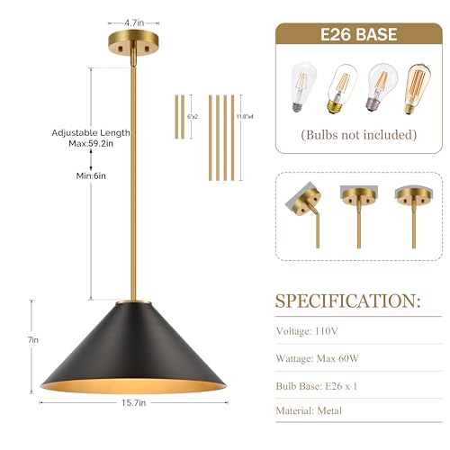 Caiselee 15.7 Inch Modern Pendant Lights Kitchen Island, Black and Gold 1-Light Single Pendant Lighting Fixtures, Metal Cone Farmhouse Ceiling Hanging Light for Dining Room Over Sink Table Hallway by Caiselee - Used condition - Image 5