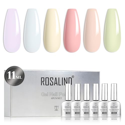 ROSALIND Esmaltes Semipermanentes Tonos Pastel, 6 Macarrón Colors Rosa Púrpura Azul Verde Amarillo Claro Pintauñas Semipermanentes, 11ml UV/LED Soak off Esmalte de Uñas para Manicura y Diseño de Uñas