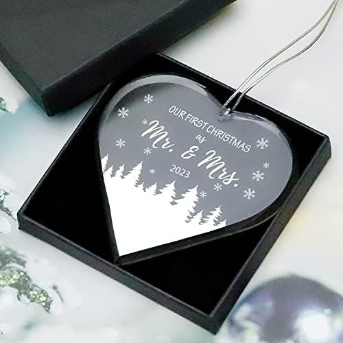 FKOG Heart Shape Glass Our First Christmas As Mr & Mrs Ornament 2023, Mr & Mrs Newlywed Wedding Just Married Christmas Tree Decoration Ornaments Ideas Gifts (Color-5)
