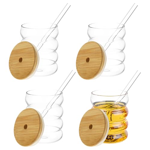 AwObEpl 4Pcs Ribbed Glassware,Ribbed Glasses,Drinking Water Glass,Heat Resistant Drinking Glass Cup,Elegant Bubble Glassware Set for Cocktail Soda Juice