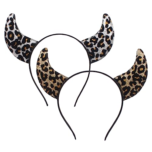 BELLIFFY 2個ヒョウ柄 レディースヘッドバンド 牛の角 コスプレ用 ヘアアクセサリー 大人用 女の子用 パーティー イベント お祭り 服装 小道具