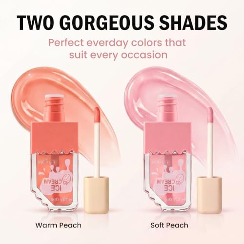 Image of 2pc Ice Cream Shape Lip Gloss Set, Waterproof | Lightweight, Non-Sticky, Shimmery Effect, Long Lasting Liquid Glitter Lip Tint, for women