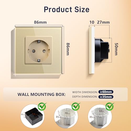 BSEED Schuko Steckdose 1 Fach Steckdose Glas Unterputz Steckdose,Steckdosen mit Kristall Glas Platte Einzel Wandsteckdose 16Amp EU Standard Verlängerungssteckdosen Gold -86mm