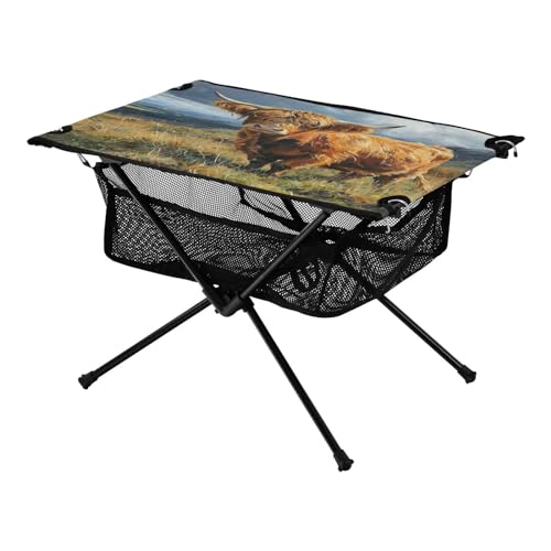 Mesa de Camping Plegable con Patrón Highland Cattle, Portable para Exterior, Playa y Picnic, con Bolsa Duradera para Uso en BBQ y Campamento