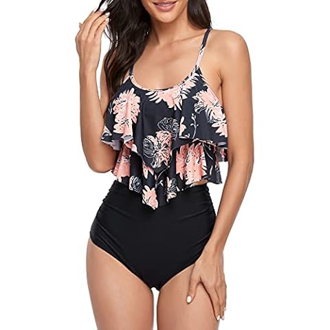 FLYILY Two Pieces Swimsuit for Women Double Level Ruffled Flounce Top with High Waisted Bottom Bikini Set Tummy Control Swimwear Bathing Suits(1-BlackFlower,XL) Cover