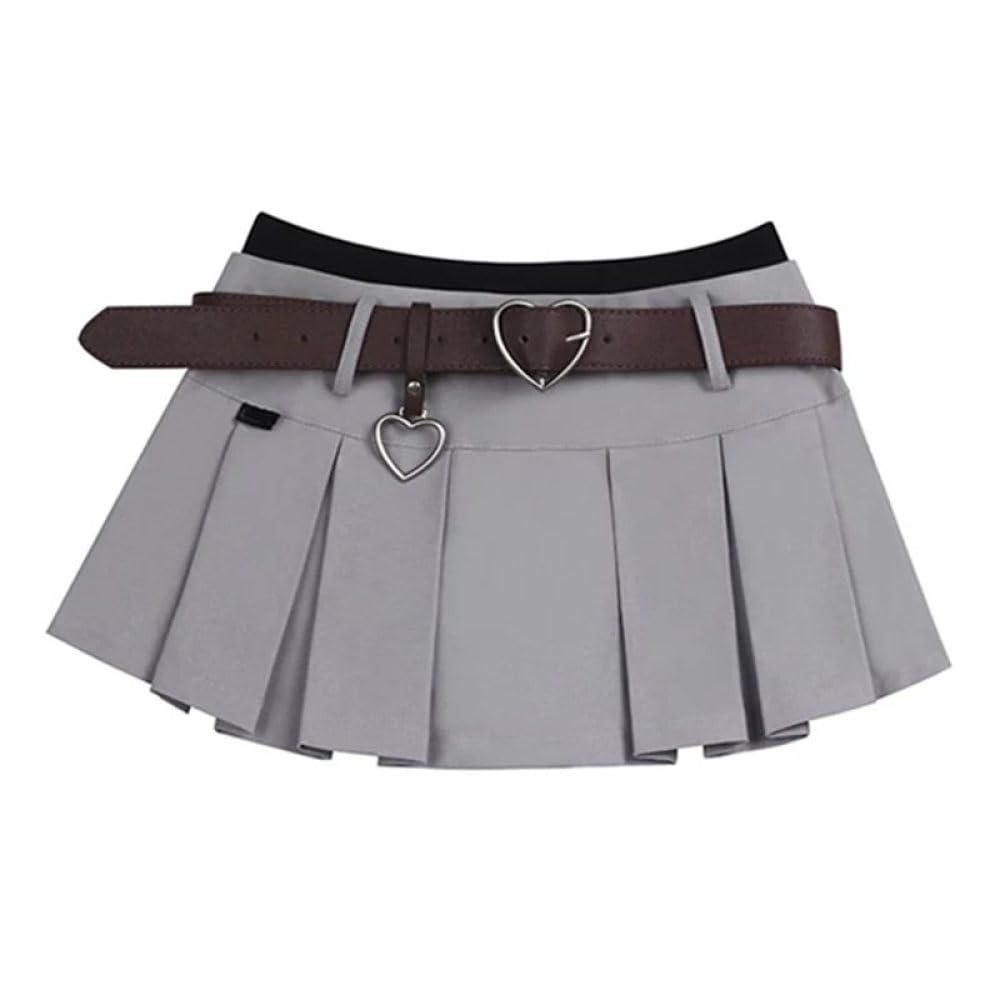 Falda Corta De Mujer - Falda Plisada Gris para Mujer, Moda Urbana, Cinturón con Corazón, Minifalda De Verano De Retales, Falda Delgada Vintage