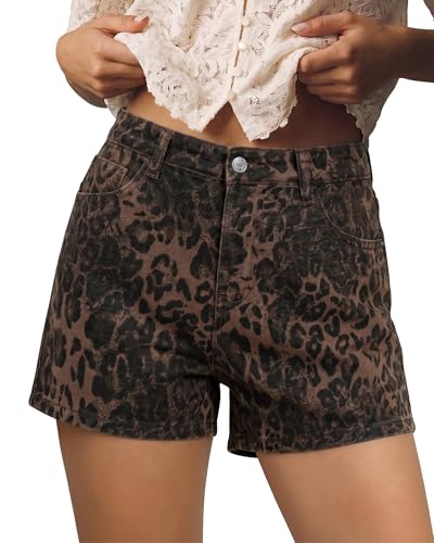 luvamia Jean Shorts for Women High Waisted Cheetah Shorts High Waisted Stretchy Denim Leopard Animal Print Jorts Women Brown Leopard Size Large Fits US 12-14